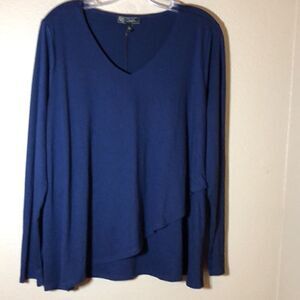 DG2 by Diane Gilman faux wrap long sleeve top in rich navy blue soft knit Size L